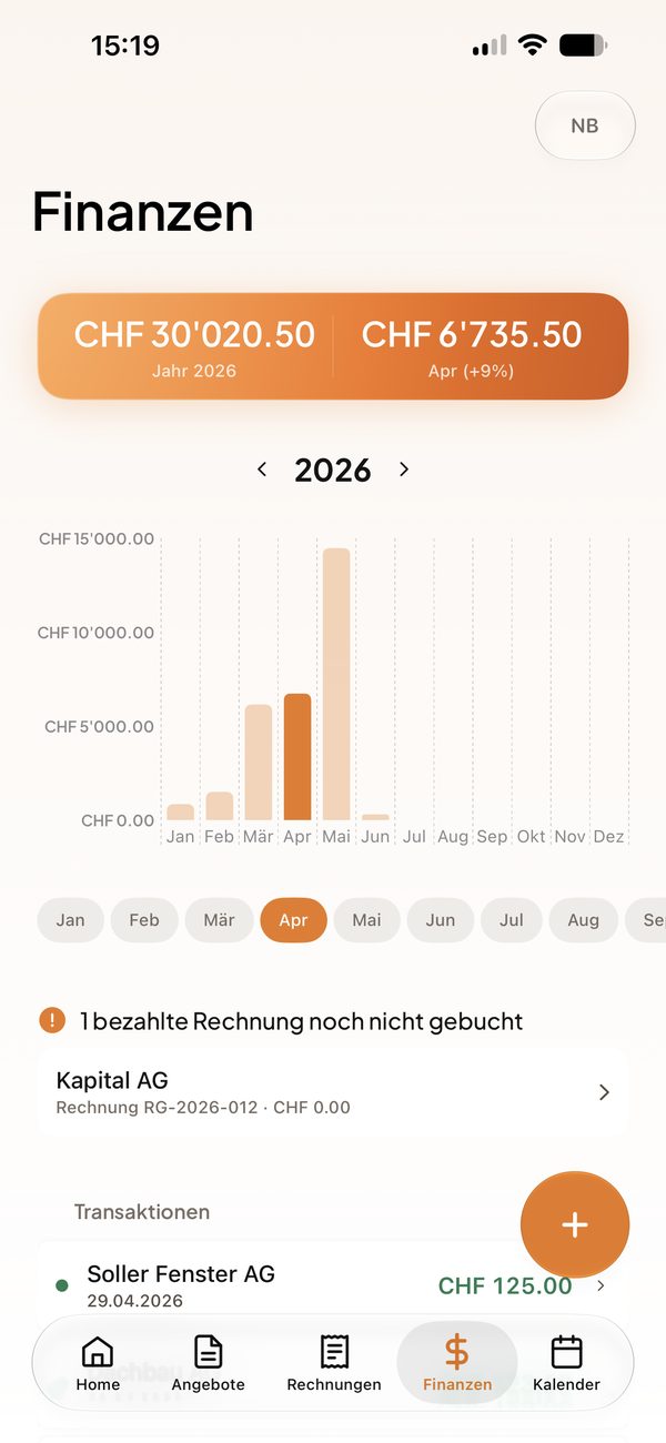Ryse auf dem iPhone: Finanzübersicht mit Einnahmen pro Monat und Transaktionen