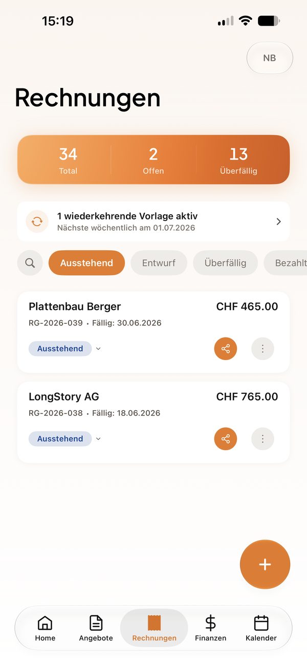 Ryse auf dem iPhone: Rechnung erstellen mit Kunde, Positionen und Fälligkeit